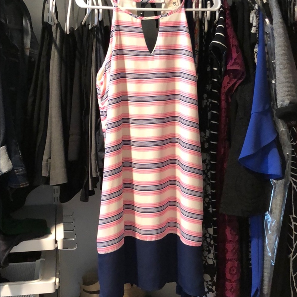Navy blue and pink striped dress